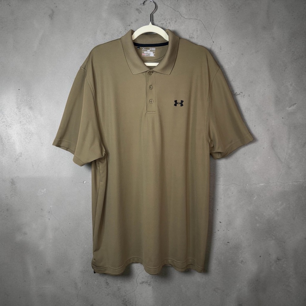 Under Armour Polo Shirt Mens XL Tan Khaki HeatGear Loose Fit Golf Short Sleeve